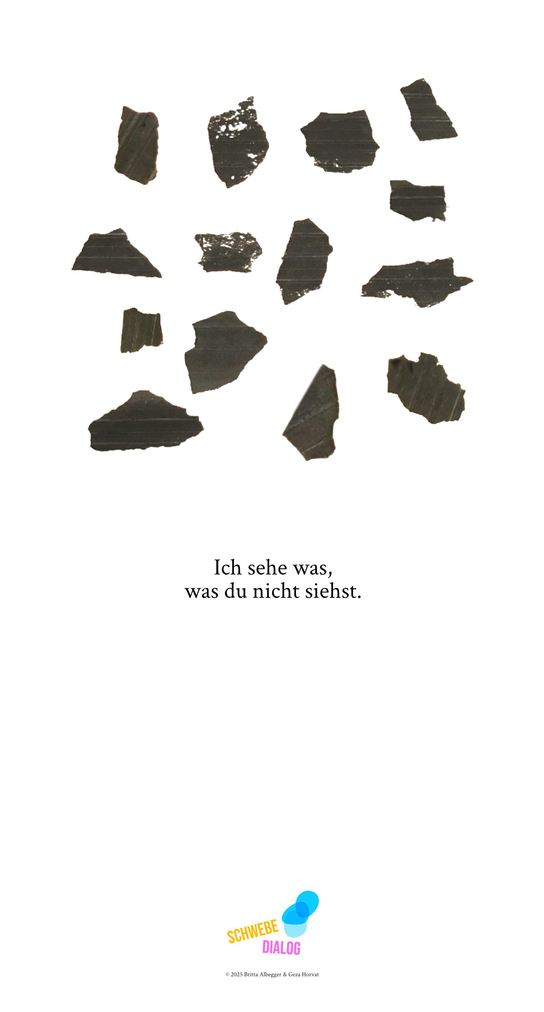 Es sind mehrere unregelmäßig geformte grau-schwarze Papierfragmente "herumliegend" zu sehen. Die Stücke sind unterschiedlich groß und haben gezackte Kanten. Sie sind einzeln und ohne Überlappung verteilt. Durch die zufällige Anordnung der Fragmente ist das ursprüngliche Gesamtbild (falls es eines gab) nicht mehr erkennbar. Die grau-schwarzen Papierstücke kontrastieren stark mit dem weißen Hintergrund und bilden ein abstraktes Muster aus verteilten Formen. Unter den Fragmenten steht geschrieben: "Ich sehe was, was du nicht siehst.". Ganz unten befindet sich das Logo „Schwebedialog“.