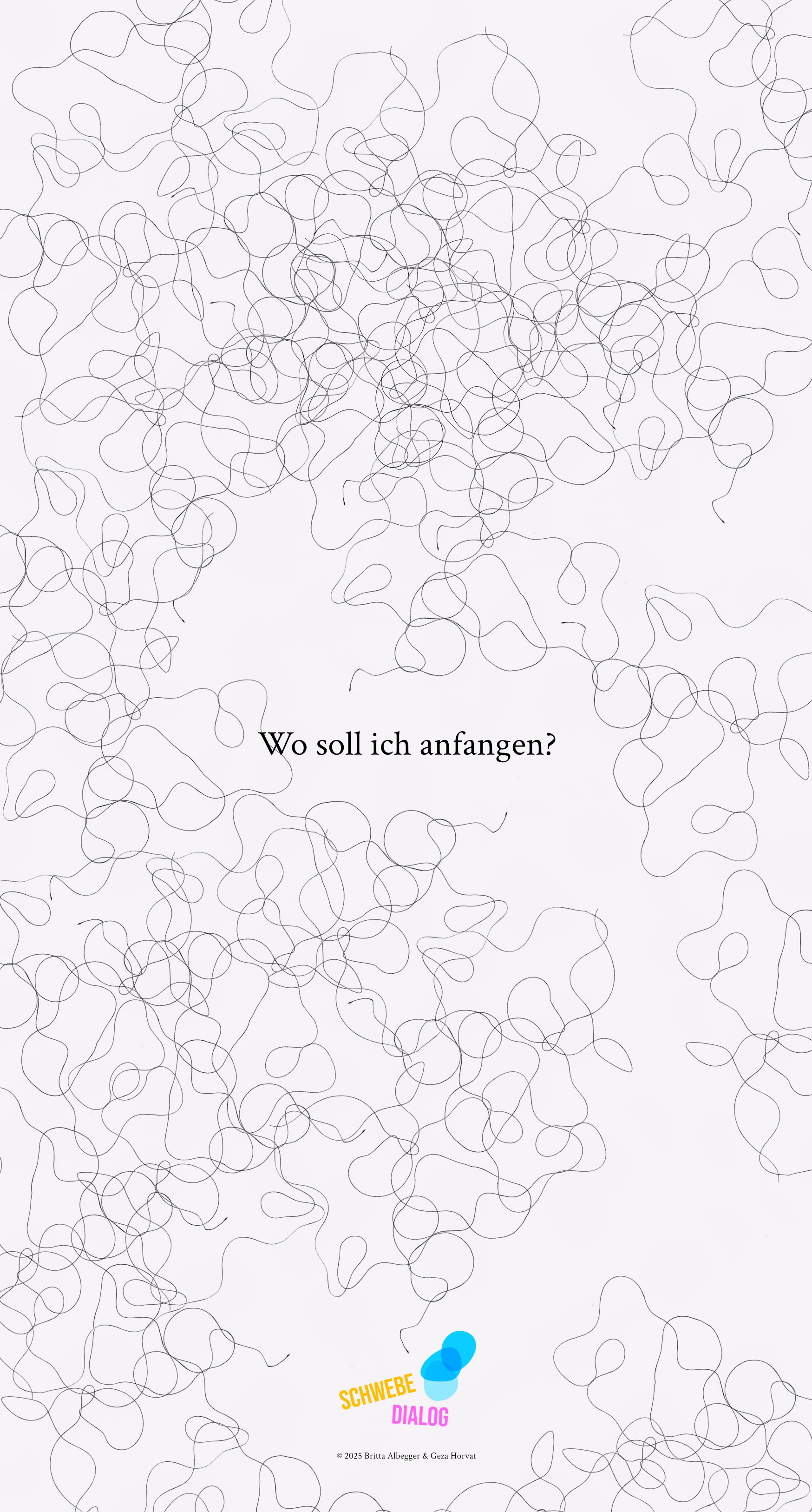 Zu sehen sind viele dünne schwarze Fäden, die sich auf weißem Hintergrund schlängeln. An einigen Stellen sind Anfänge und Enden der Fäden erkennbar. In der Mitte steht die Frage: "Wo soll ich anfangen?"